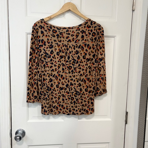 LOFT Womens Leopard Print Babydoll Top Blouse Tan/Navy/Orange 3/4 Blouson Sleeve - Picture 6 of 14